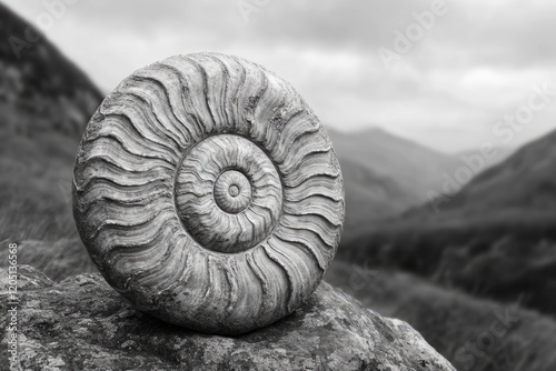 Ancient ammonite fossil rests on a rock, showcasing its intricate spiral structure against a blurred mountain backdrop. photo