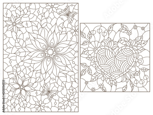 A set of contour illustrations in the style of stained glass with flower arrangements, dark contours on a white background