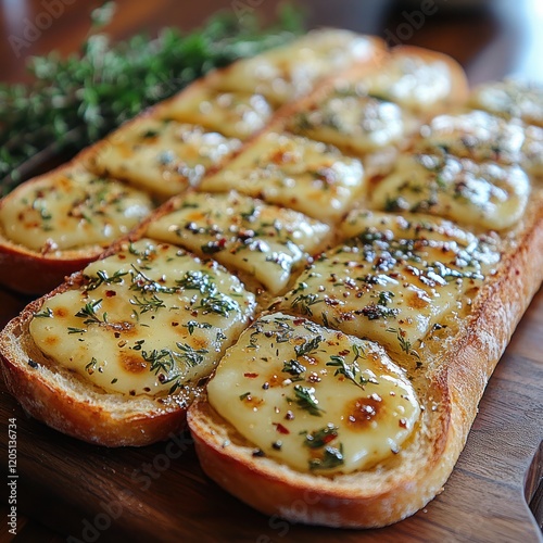 a crispy baguette sliced diagonally, each slice spread with a rich herb butter, served on a wooden board with sprigs of rosemary and thyme photo