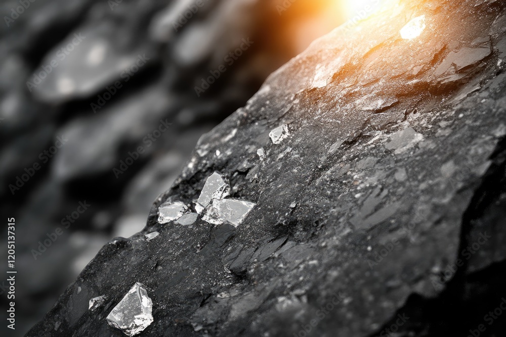 Close-up of a dark, rough rock surface with scattered, glittering fragments. Close-up of a dark, rough rock surface with scattered, glittering fragments.