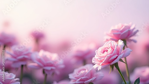 Beautiful isolated soft purple blossom roses with bokeh flowers field as background  photo