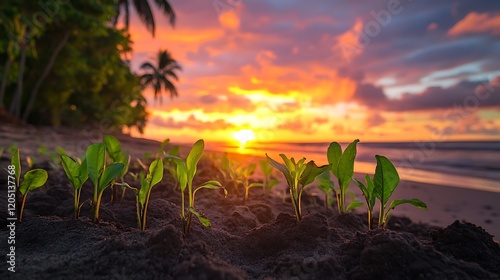 Seedlings growing in fertile soil with a tranquil beach and a vibrant sunset in the background
