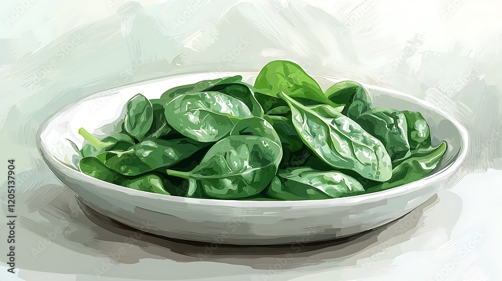 Obraz premium Fresh Spinach in a White Bowl - Painterly Digital Art.