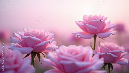 Beautiful isolated soft purple blossom roses with bokeh flowers field as background  photo