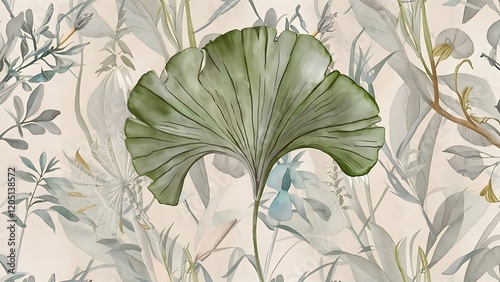 Ginkgo biloba leaf plant botanical garden floral foliage. Watercolor illustration set. Watercolour drawing fashion aquarelle isolated. Seamless background pattern. Fabric wallpaper print texture. photo
