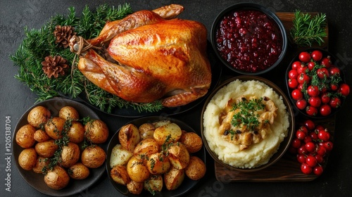 Roasted Turkey with Mashed Potatoes, Cranberry Sauce, and Roasted Potatoes