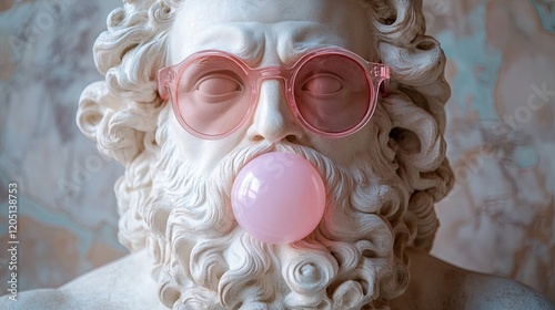 Greek sculpture of Zeus wearing pink sunglasses and chewing bubble gum, blending classical art with modern pop culture in a quirky and creative way. photo