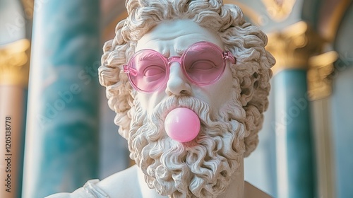 Greek sculpture of Zeus wearing pink sunglasses and chewing bubble gum, blending classical art with modern pop culture in a quirky and creative way. photo