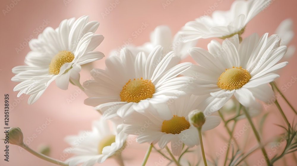 Fototapeta premium Delicate White Daisies Bloom Softly Against Peach Background