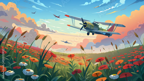 A German World War I era aircraft flying high above a vast meadow of wildflowers, with no military markings, far from the ground. The scene is painted in a soft watercolor style, with a light and drea