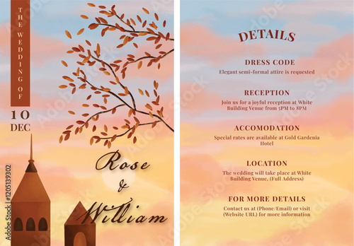 Set of wedding invitation cards watercolor sunset sky with tree and leaves silhouette