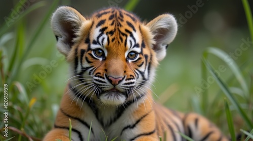 Close-up of a baby tiger sitting in tall grass, gazing curiously at its environment, capturing the innocence and wonder of young wildlife.