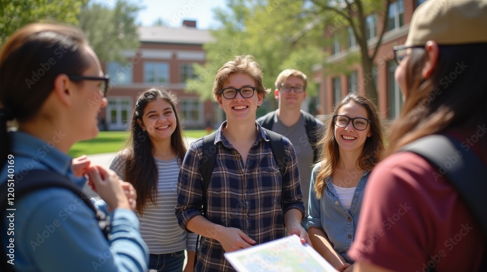 Fototapeta premium New students in a campus courtyard listening to a guide with a map, friendly and welcoming atmosphere, ideal for orientation and campus tours.
