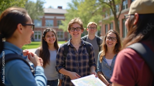 New students in a campus courtyard listening to a guide with a map, friendly and welcoming atmosphere, ideal for orientation and campus tours. photo