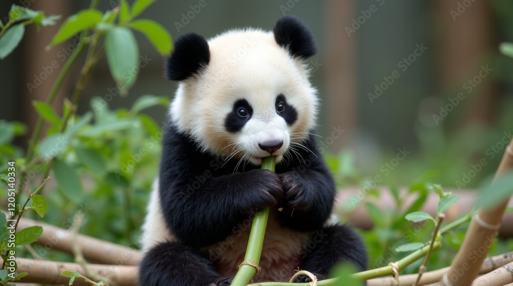 Obraz premium A playful panda cub eating bamboo in a zoo enclosure, surrounded by lush greenery, capturing the cuteness and natural behavior of this young animal.