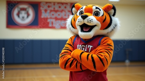 A fierce tiger mascot in school colors standing in a gym, arms crossed, exuding school spirit and pride, perfect for events and rallies. photo