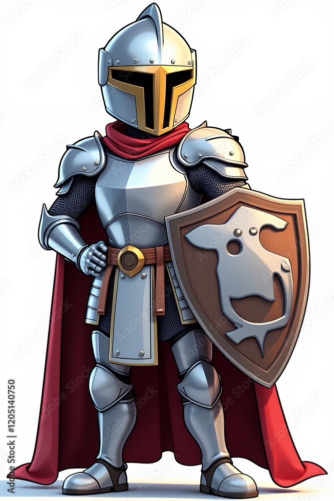 Fototapeta premium Cartoon Knight in Full Armor with Shield Medieval Fantasy Illustration