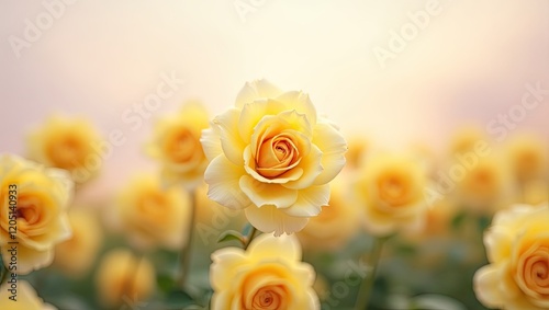 Fototapeta Naklejka Na Ścianę i Meble -  Beautiful isolated yellow blossom roses with bokeh flowers field as background 