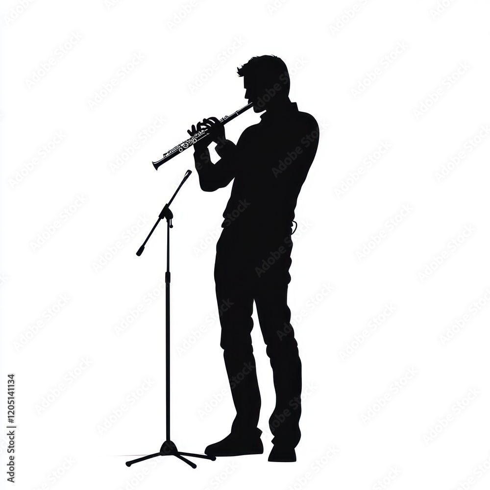 Naklejka premium Silhouette musician playing flute on stage.