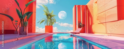 Pool with a moon in the sky and a palm tree in the foreground