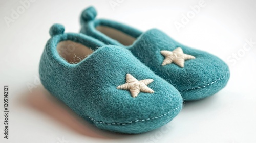A pair of soft felt baby shoes in teal with embroidered stars, on a white background
