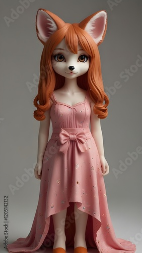 a kawaii red fox for a cartoon with big cute eyes wearing a pink dress