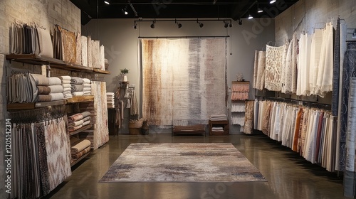 A home decor store featuring a wide selection of rugs, curtains, and wall art neatly arranged for customers to explore photo