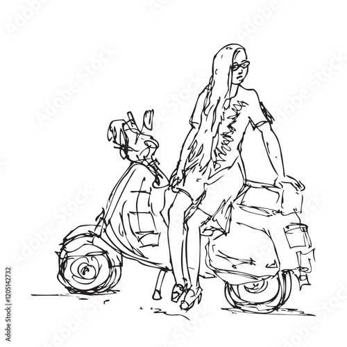 Hand-Drawn Sketch Vector Illustration,Woman Posing on a Scooter