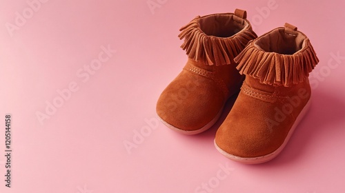 Soft brown suede baby booties with fringe details, on a muted pink background photo