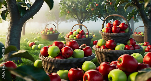 Fresh apples in a basket with ripe red, green, and yellow fruit photo