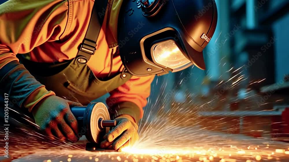 A worker in protective gear uses a grinder, creating sparks in an industrial setting. A worker in protective gear uses a grinder, creating sparks in an industrial setting.