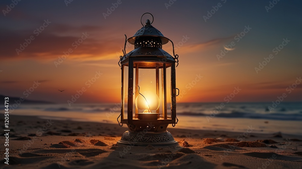 Traditional lantern lamp with crescent moon welcome to Ramadan Mubarak 2025 concept Traditional lantern lamp with crescent moon welcome to Ramadan Mubarak 2025 concept