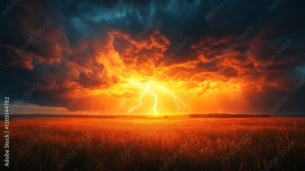 Dramatic Thunderstorm Lighting Up Vast Savanna Landscape at Dusk Dramatic Thunderstorm Lighting Up Vast Savanna Landscape at Dusk