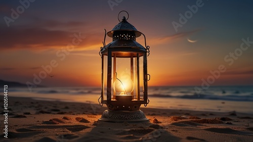 Traditional lantern lamp with crescent moon welcome to Ramadan Mubarak 2025 concept photo