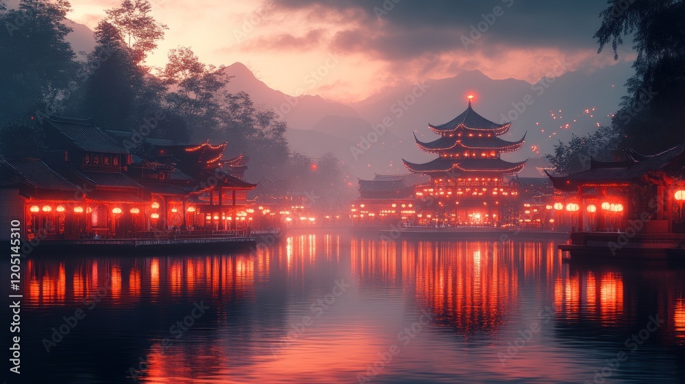 Obraz premium Festive Chinese New Year Scene with Lanterns and Serene River Reflections