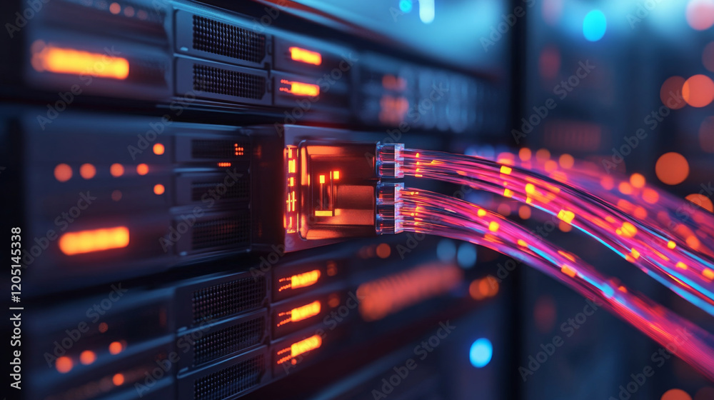 Naklejka premium High tech data center with illuminated server racks and fiber optic cables