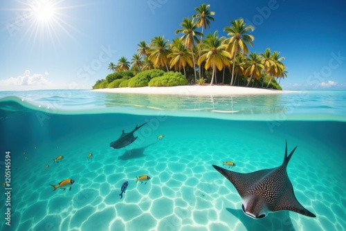 Beautiful over under shot of a tropical island with lush palm trees and sandy shores, paired with vibrant marine life, including a stingray, in crystal-clear turquoise waters.  photo