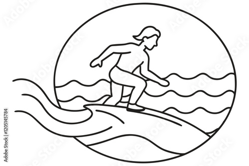line art of a surfer surfing on wave.