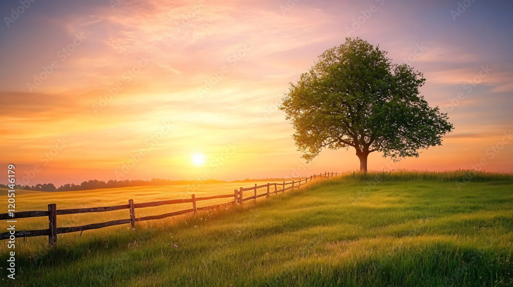 Solitary Tree at Sunset: A solitary tree stands tall on a grassy knoll, silhouetted against a breathtaking sunset, with a wooden fence bordering the field. Solitary Tree at Sunset: A solitary tree stands tall on a grassy knoll, silhouetted against a breathtaking sunset, with a wooden fence bordering the field.