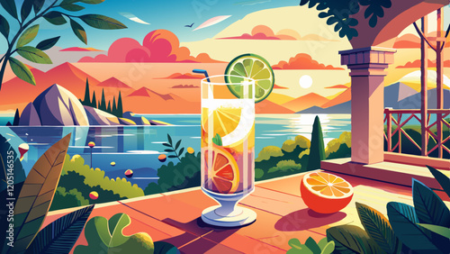 A vibrant, sophisticated Mediterranean Gin Fizz cocktail in a tall glass, garnished with fresh basil and a lemon wheel. The scene is set on a sunlit patio overlooking the sea, surrounded by Mediterran