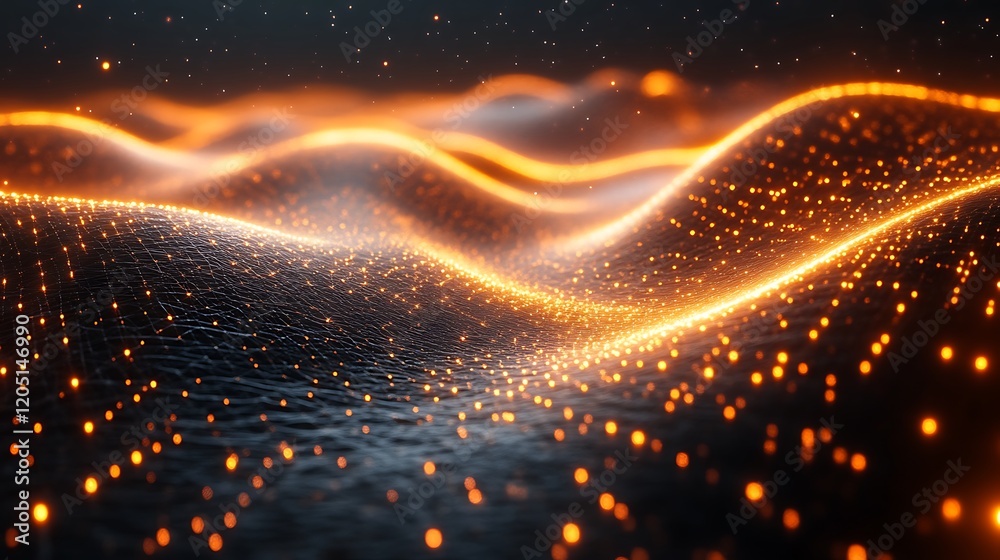 Obraz premium Abstract Orange Glowing Particles Wave Landscape