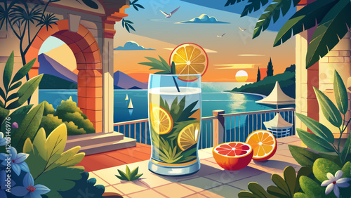 A vibrant, sophisticated Mediterranean Gin Fizz cocktail in a tall glass, garnished with fresh basil and a lemon wheel. The scene is set on a sunlit patio overlooking the sea, surrounded by Mediterran
