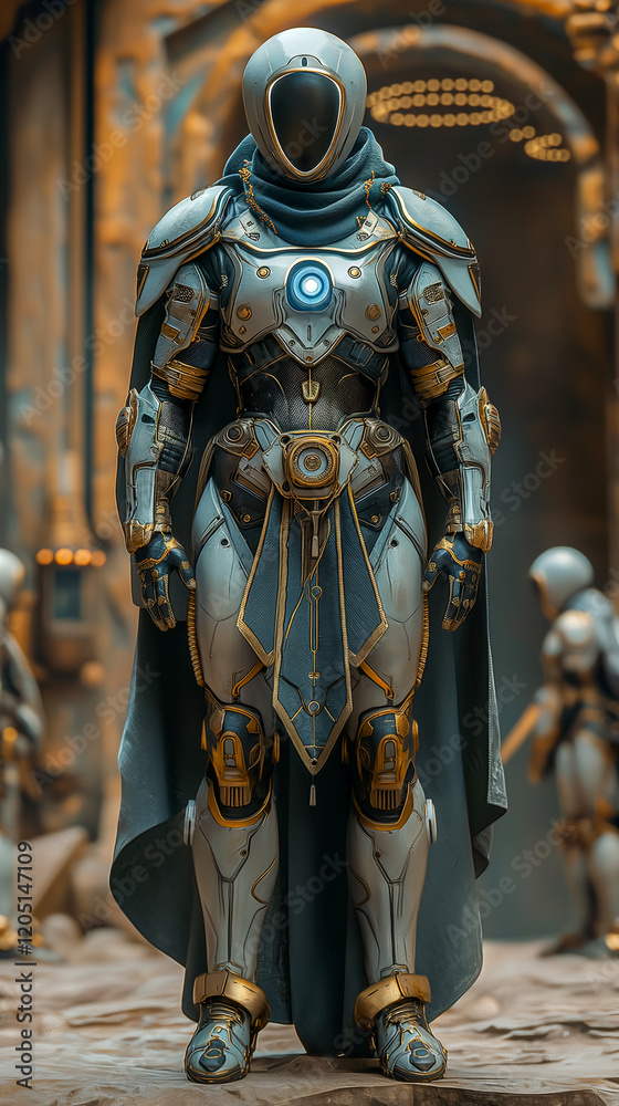 Fototapeta premium Warrior in Green Armor Stands Ready on Alien Planet on Cosmic Background. Generative AI