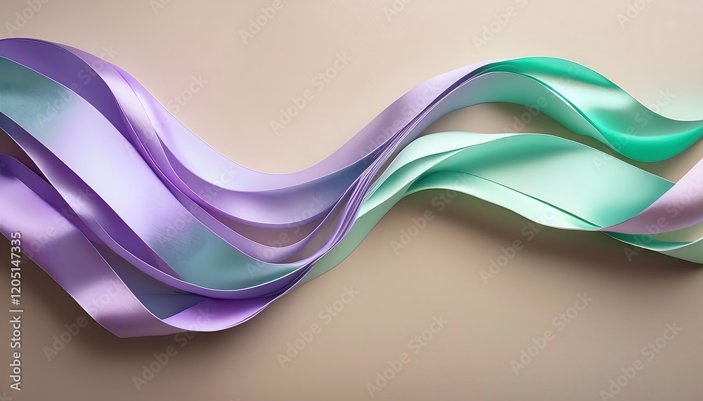 Fototapeta premium Wavy colorful ribbons in soft green and purple hues, creating a sense of movement and grace