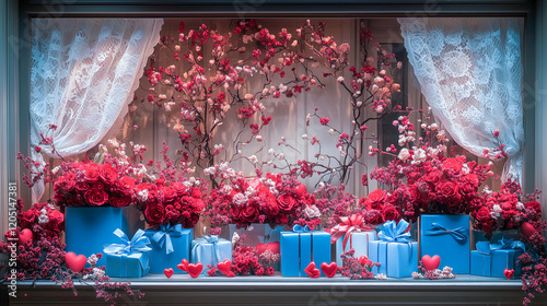Colorful display of roses and gifts in a charming window during a romantic season