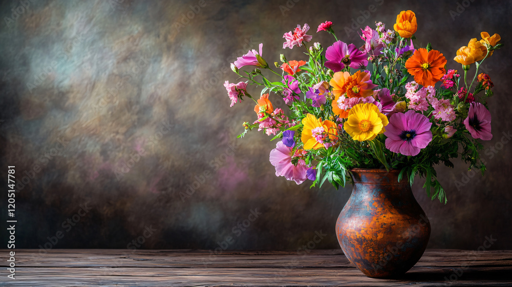 Rustic Floral Still Life: A vibrant bouquet of wildflowers in a terracotta vase rests on a weathered wooden table, bathed in warm, natural light. The floral arrangement.