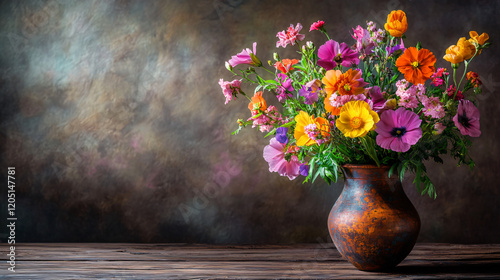 Obraz na płótnie Rustic Floral Still Life: A vibrant bouquet of wildflowers in a terracotta vase rests on a weathered wooden table, bathed in warm, natural light. The floral arrangement. w salonie
