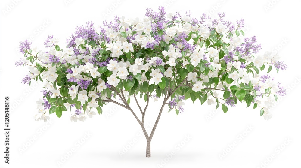 Fototapeta premium White and Purple Blossoms Adorn a Small Flowering Tree