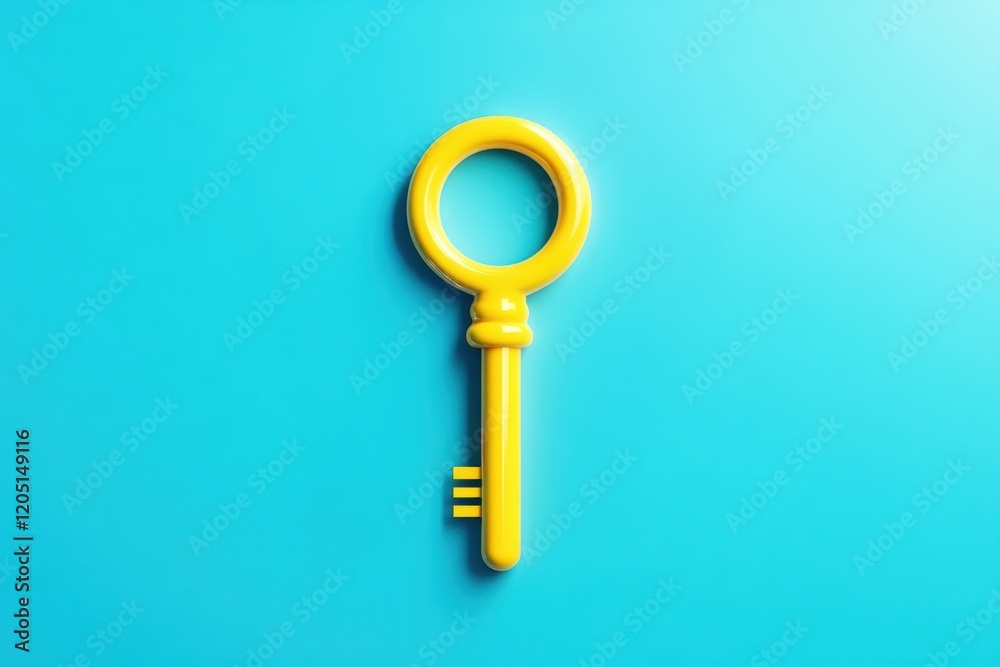 A vibrant yellow key isolated on a bright blue background, symbolizing security and access in a minimalistic style. A vibrant yellow key isolated on a bright blue background, symbolizing security and access in a minimalistic style.