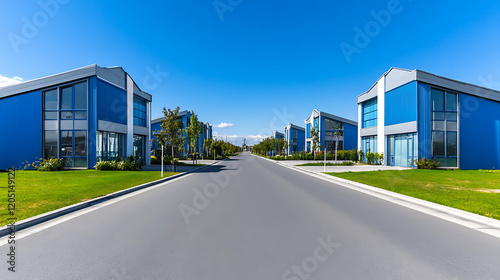 Blue Industrial Complex: A long shot of a modern industrial complex with bright blue buildings and a clean asphalt road leading to the horizon. The image evokes a sense of scale, efficiency. photo